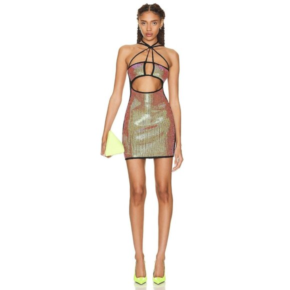 David Koma Bra & Straps Sequin Dress in Black & Iridescent